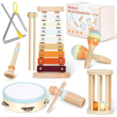 Musikinstrumente Kinderspielzeug, Montessori-Spielzeug, Holzspielzeug für Kleinkinder, Musikaufklärungs-Schlagzeugset mit Maracas Tamburin Xylophon, Sensorisches Spielzeug Geschenk für 3 4 5 6 Jungen