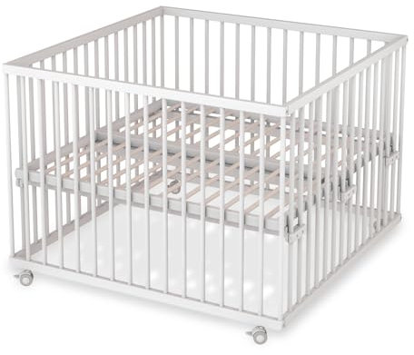 Sämann Laufstall Baby mit Lattenrost | stufenlos höhenverstellbar | Laufgitter Premium | Babybett aus Holz | Krabbelgitter (weiß, 120x120 cm)