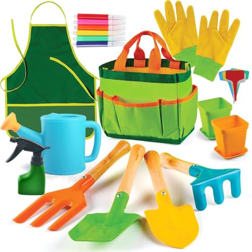 Ensemble d'outils de jardinage pour enfants avec arrosoir, pelle, râteau, gants, tablier imperméable et sac de rangement, outils de jardin pour garçons et filles âgés de 3, 4, 5, 6, 7, 8, 9, 10, 11,