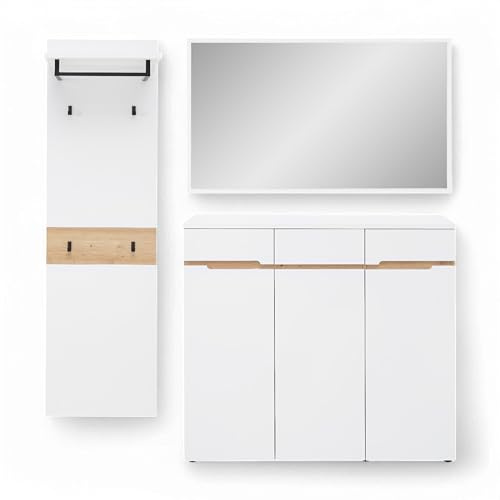 MEMPHIS Flurgarderoben Set Weiß Artisan Eiche 181 x 190 x 38 cm (B/H/T) | Modernes Garderobenset 3-teilig, Schuhkommode, Garderobenpaneel, Wandspiegel, Stauraum, Eingangsbereich Flur Set Garderobe