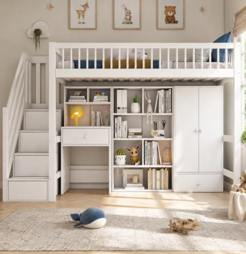 Kinderbett Etagenbett 90x200, Hochbett mit Kleiderschrank&Schreibtisch&Treppe&Schließfächern, Funktionsbett Jugendhochbett Holzbett Bettgestell mit Rausfallschutz & Lattenrost, Ohne Matratze, Weiß