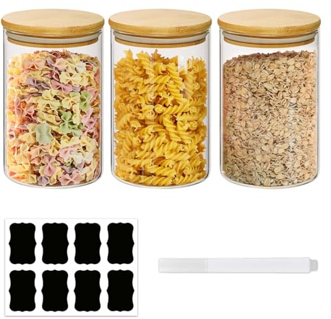 ZhouZGlass 3 Pack Glass Storage Jars with Bamboo Lid, Airtight Food Storage Jar with Labels, Round Clear Container for Candy, Cookie, Coffee Beans, Snacks, Spices (1000ML)