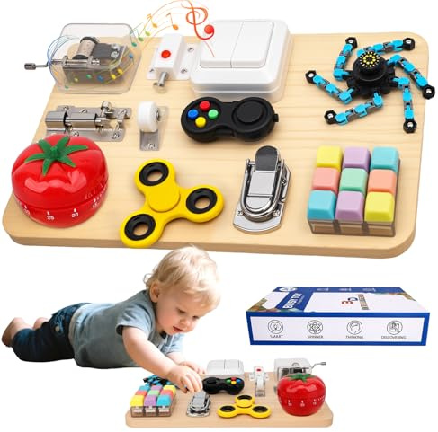 Busy Board Spielzeug für Kleinkinder, Holz 11 in 1 Montessori pädagogisches Fidget-Sinnes-Spielzeug, 27 cm Aktivitätsbrett für Kinder im Vorschulalter, Geburtstagsgeschenk für Autofahrten