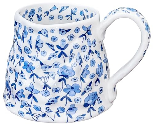 Movlen Large Ceramic Coffee Mug Cute Flower with Handmade Big Handle, 20oz Girly Blue Floral Tea Cup for Women Valentine Gift, Novelty Irregular Oversized Christmas Mugs for Latte Tea Milk Cocoa