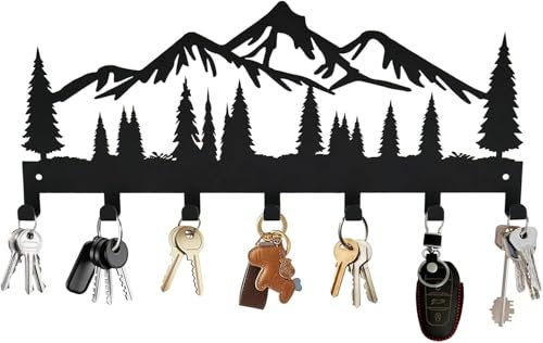 Porte-clés décoratif en métal avec motif de montagne rustique pour 7 clés pour entrée, couloir, cuisine, bureau, solution de rangement murale avec breloque silhouette de forêt en fer forgé robuste
