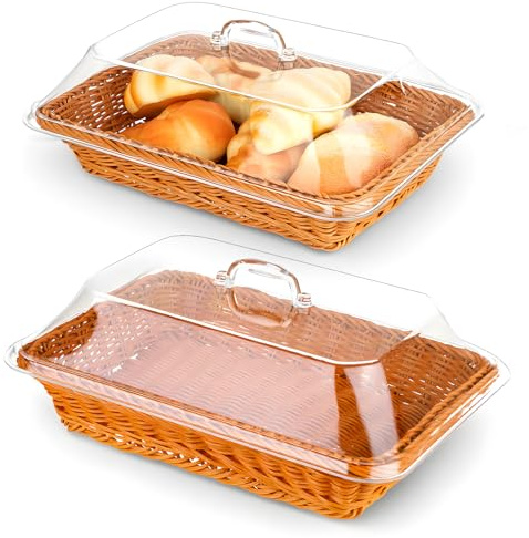 SHENLIU 2 Pack Wicker Large Bread Basket With Acrylic Lid, 13.78x9.84'' Woven Tabletop Food Serving Basket Dust-proof Imitation Rattan Fruit Baskets for Serving Vegetable Restaurant Display Party
