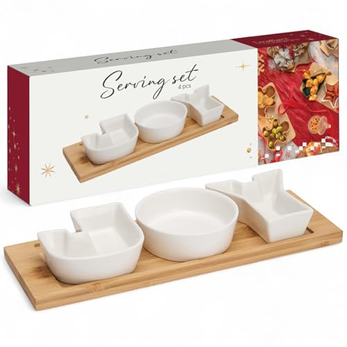 MIJOMA Servierset Weihnachten 4-teilig – Porzellan Schälchen in Buchstabenform JOY mit Holztablett – Festliches Dip- und Snackset – Weihnachtsdeko & Tischdeko