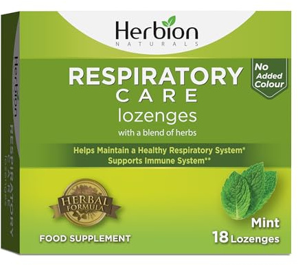Herbion Respiratory Care Lozenges, Mint Flavour Herbal Blend for Throat Comfort & Respiratory Wellness 18 Lozenges, No Added Colours