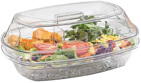 Ice Serving Trays for Parties | 4-Compartments Chilled Serving Tray with Lid | Divided Fruit Platter,for Picnic Fridge Dessert Vegetable Salad Seafood Shrimp Cocktail
