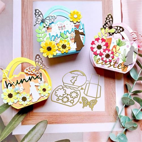 Sredwtk Blumen Schmetterling Hase Frühling Ostereier Ostern Box Stanzschablonen Ostern Schachteln Metall Prägeschablonen Stanzformen Schneiden für DIY 3D Keksbox Süßigkeitenbox