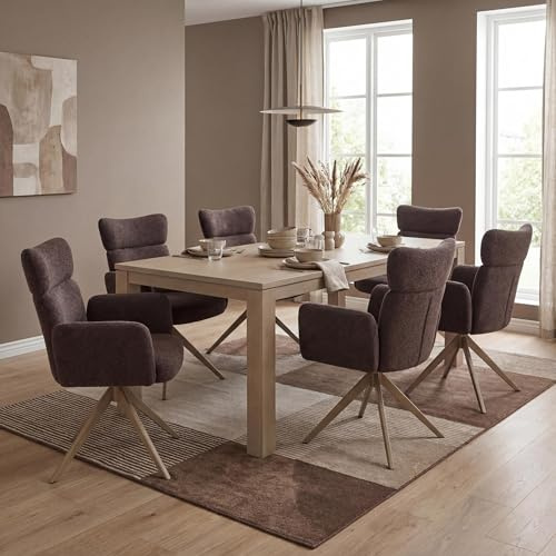 Mendler 6er-Set Esszimmerstuhl HWC-N11 Stoff - Dunkelbraun, Beine Holzoptik | Stuhl, drehbar Auto-Return, Bouclé (350g/m²), Öko-Tex