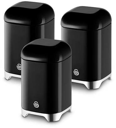 Swan Solace Set of 3 Canisters for Tea, Coffee and Sugar, Durable Iron Body Wipes Clean and Resists Scuffs, Each Canister is 1.5L, Black, SWKA18541BLK