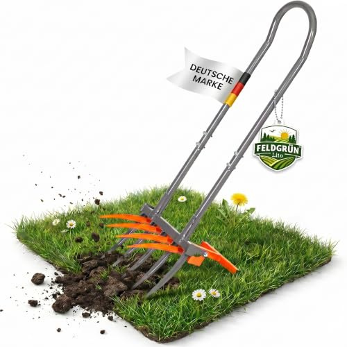 Feldgrün Lito Tret-Grabegabel mit Krümler Doppelgrabegabel | 5+4 Zinken Premium Bodenlockerer rückenschonend | Pulverbeschichtet, extra robust für Beet und Garten