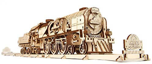 UGEARS V-Express Steam Train with Tender - 3D Wooden Puzzles For Adults DIY Train Set Model Kit - Mechanical 3D Puzzle Model Kits For Adults To Build - Advanced Level Building Set with Track - 538 Pcs