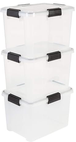 Iris Ohyama, Scatole Portaoggetti Ermetiche in Plastica, 20L, Set di 3, Trasparente, Coperchio Impermeabile, con Chiusura, Impilabile, Per Esterni, Garage, Vestiti, Antipolvere, Senza BPA, AT-SD