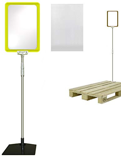 Plakatständer DIN A4 Rahmen gelb mit U-Tasche, Teleskopständer höhenverstellbar bis 1510 mm mit Teleskoprohr ALU Kunststoff, Fuß eckig 160x192 mm Stahl schwarz, Kundenstopper, Aufsteller für Paletten