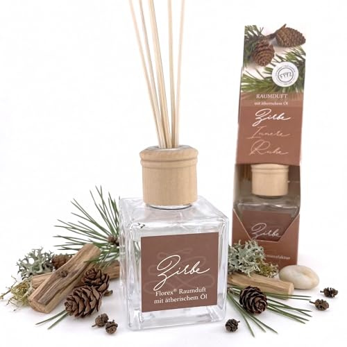 Zirbe Raumduft 100 ml Reed Diffuser mit Duftstäbchen und ätherischem Öl | Natürlicher Zirbenholz-Zimmerduft im Glas – holzig-warm mit beruhigender Waldnote für Schlafzimmer, Bad, Wohnzimmer und Büro