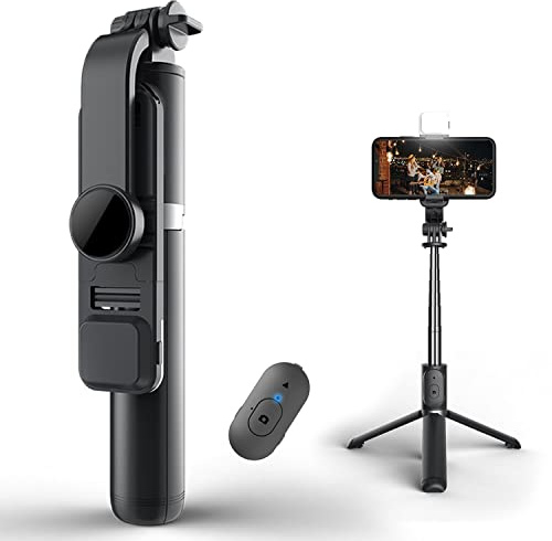 Enkarl Selfie Stick Tripod with Light, Portable Extendable 3 in 1 Stainless Steel Phone Tripod with Detachable Wireless Remote Stand Selfie Stick, Lightweight Compatible with Cellphones (Black)