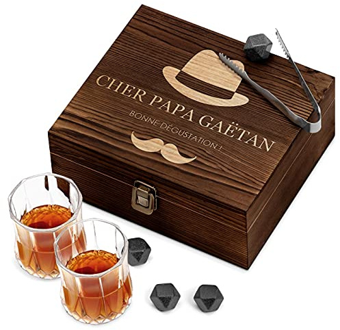 Maverton Ensemble de Pierres à Whisky avec 2 Verre whisky dans la boîte personnalisée - Cadeau d’Anniversaire pour Chaque Homme - Coffret Whisky - cadeau fete des peres - bonne dégustation
