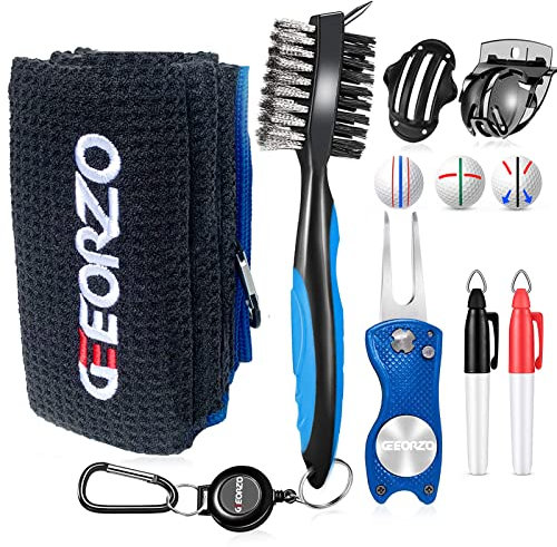 Geeorzo 7-in-1 Golf Zubehör Kits, einziehbare Golfschlägerbürste, faltbares Golf Pitchgabel Werkzeug, Mikrofaser Golf Handtuch, Golfball Linienmarkierer und Ballmarkierer (Blue)