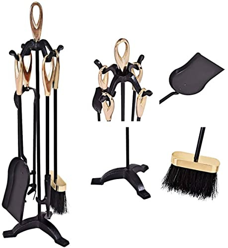 TANGZON Fireplace Companion Set, Fireside Tools with Tong, Shovel, Brush & Poker, Indoor Outdoor Log Burners Fireplace Accessories Kit（5 Pieces, 3-Point Base,Brass+Black)