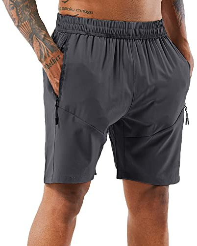 YAWHO Mäns sportbyxor korta byxor löpshorts träningsshorts snabbtorkande med dragkedjeväska/joggingbyxor för träning, löpning, fitness, 0366 Grå, L