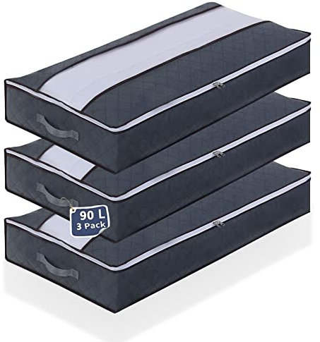 xocome 3 PCS Sac de Rangement Sous Lit 90L, Sac de Rangement de Grande Capacité en Épais Non-tissé avec Poignée Renforcée pour Édredons Oreillers Jouets Vêtements (Gris)