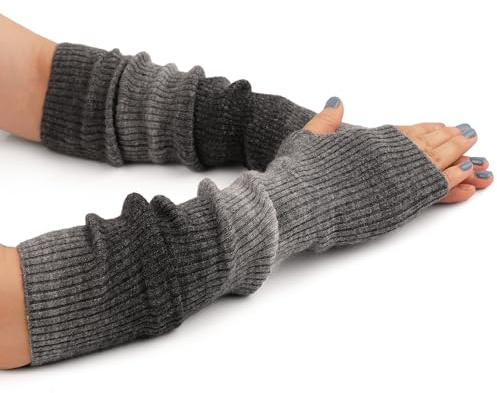 Zeltauto Women’s CASHMERE Blend Knit Arm Warmers Elbow Length Long Fingerless Gloves Mittens with Thumb Hole (Tie-Dye Grey)