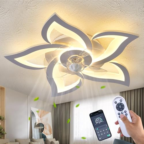 HuixuTe Ventilatore da soffitto con luci telecomando, 3 colori, 6 velocità, 61 cm, geometrico senza pale, ventilatore da soffitto bianco a basso profilo con luce per cucina camera da letto
