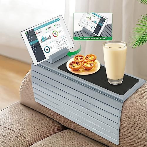 IGTOPS Plateau de canapé de mise à niveau, plateau d'accoudoirs antidérapant, plateau en bambou, repose-bras, table, porte-gobelet avec coussinet en liège antidérapant, organiseur et étagère de canapé