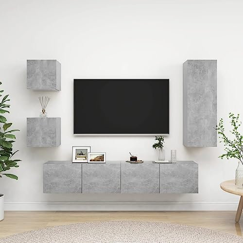 Annlera 5-TLG. TV-Schrank-Set Betongrau Holzwerkstoff Tv Lowboard Hängend Wohnwand Hängend Wohnwand Modern Tv Schrank Tv Cabinet Hängekommode Wohnwand Holz Tv Unterschrank Wohnzimmer Möbel