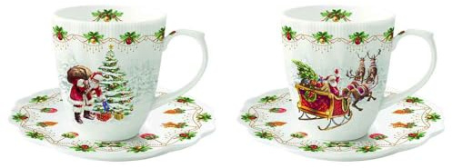 Easy Life Set 2 tazzine caffè espresso di natale in porcellana con piattini e Babbo natale vintage Nostalgic Christmas 110ml