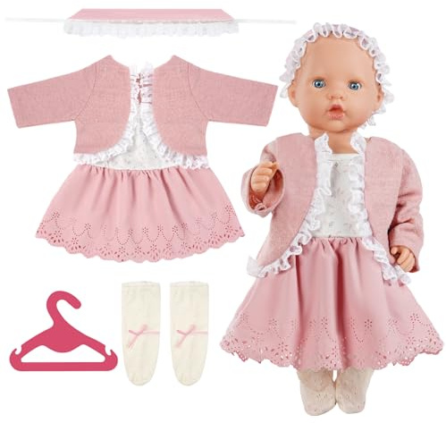Aolso Vestiti per Bambole New Born Baby Doll, Abiti 35-45cm Set Rosa, 1 Gonna con Bretelle, 1 Giacca e Foulard Rosa, 1 Paio di Calzini Beige, 1 Gruccia
