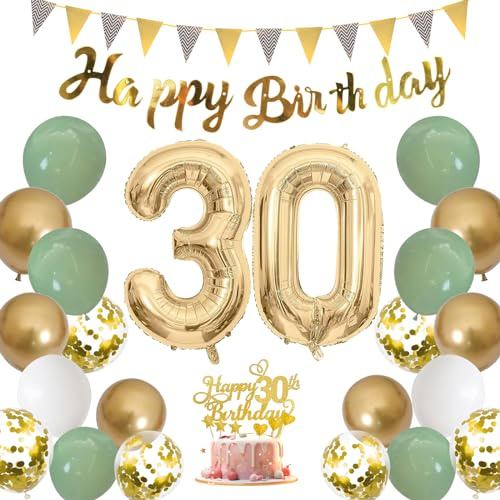 Moorle Salbeigrüne 30. Geburtstag Deko für Frauen und Männer - Grün Weiß Gold Luftballons mit Banner, Flaggen und Tortendeko für Party Dekoration