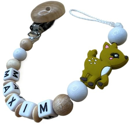 personalisierte Kette mit Namen für für Mädchen Junge Baby Geschenk personalisiert zur Geburt & Taufe große Farbauswahl - süße Tiere (Reh)