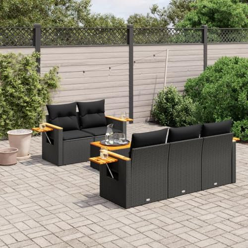 Rantry 6-TLG. Garten Sofagarnitur mit Kissen Gartensofa mit Stauraum Gartenlounge Balkonmöbel Loungesofa Gartenmöbel Rattansofa Ecksofa Sitzgruppe mit Gartentisch Gartenset Schwarz Poly Rattan