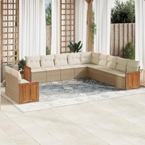 Rantry 11-TLG. Gartenmöbel Set mit Kissen Gartensofa Balkonmöbel Gartenlounge Loungesofa Modular Rattansofa Ecksofa Ecklounge Sitzgruppe Sofagarnitur Loungemöbel Beige Poly Rattan