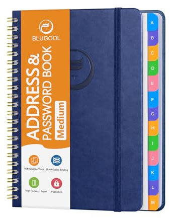 Adressbuch mit alphabetischen Registerkarten - Adress- und Passwortbuch für Senioren - Hardcover Spiralbindung Telefonbuch - Kontakte aufnehmen, Website-Login-Passwörter, besondere Tage - 14,5 x 19,6