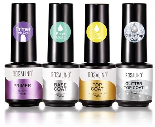 ROSALIND Base Coat Top Coat UV Nagellack Set,Base und Top Coat Glitter und Primer Soak-Off UV/LED Nagellack Gel Unterlack und Überlack Set