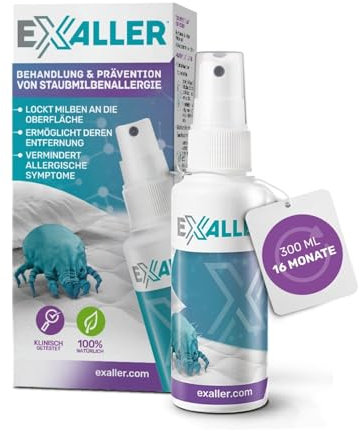 ExAller Spray Antiacaro 300 ml – Rimuove il 99% degli acari della polvere – 16 mesi di utilizzo – Testato in laboratorio – Naturale e senza sostanze chimiche – Raccomandato dagli allergologi