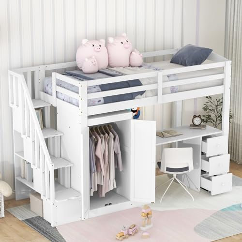 Skcess 90 X 200 Hochbett Mit Kleiderschrank Und Treppe, Schreibtisch Und Schubladen Und Schrank In Einem, Weiß