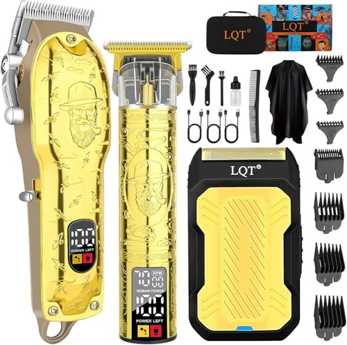 LQT Professional Hair Clipper Set for Men Electric Shaver Razor Cordless Hair Cutting Barber Clippers Beard Trimmer Men’s Grooming Kit Gifts for him (Gold)