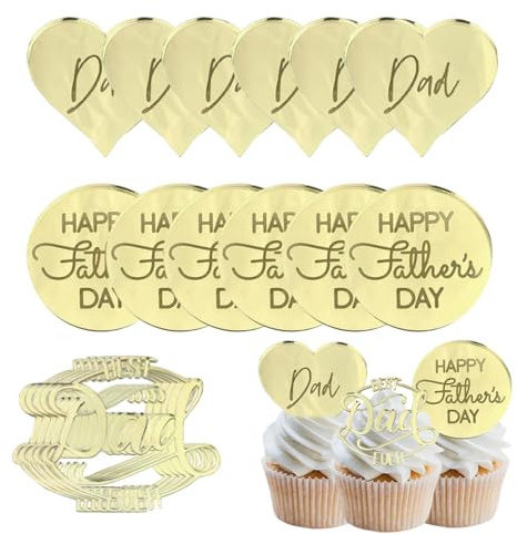Furimuk 18 Pcs Happy Father's Day Acrylic Cupcake Toppers Heart Mirror Engraved Cake Topper Cupcake Decorations for Father's Day