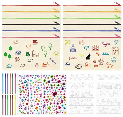 Mäppchen zum Bemalen, 12 DIY Leere Stifttaschen, Kosmetiktasche, Bastelset Kindergeburtstag, taschen zum bemalen für kinder, mit Aufklebern und Malvorlagen, Geeignet für Schule, Reisen, Lagerung, Büro