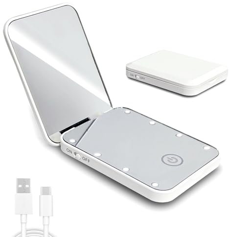 AmiCera Rechargeable Pocket Mirror, 1X/2X Magnification LED Compact Travel Makeup Mirror, Dimmable, Portable Compact Mirror, Small Purse Mirrors, Women Girl Gift, White