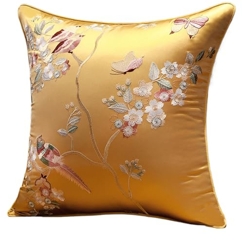 18x18 Satin Throw Pillow Covers, Chinese Style Embroidery Decorative Pillowcases, Soft Silk Satin Cushion Cover with Hidden Zipper for Sofa, Couch & Bed