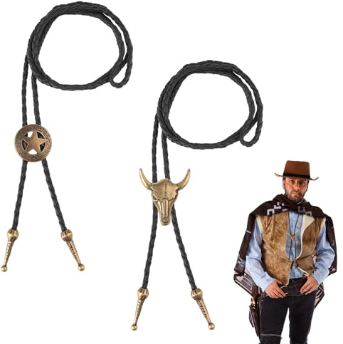 MOKIDO 2 Stück Bolo Tie, Cowboy Kostüm und Western Outfit Verstellbare Lariat Halskette, Leder Rodeo Anhänger
