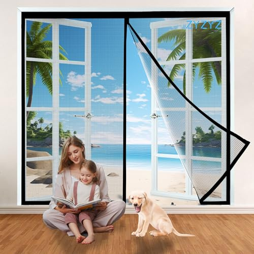 Magnetic Screen Window 125x115cm Black Full Frame Door Curtain with Heavy-Duty Mesh, Self Sealing Hands Free Easy Magic Paste Tape Installation, Pet and Kid Friendly, Easy Assembly