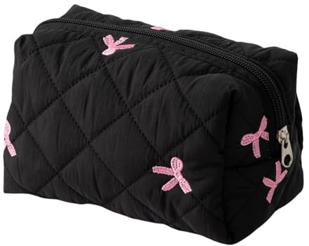 Modische gesteppte Make-up-Tasche mit Schleife, Lippenstift-Organizer, Kosmetik-Aufbewahrungskoffer für Pendler, Reisen oder gesellschaftliche Veranstaltungen, Schwarz