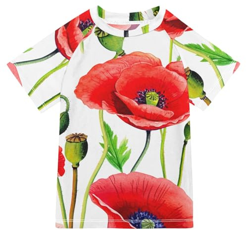 Red Poppy Flowers Watercolor Kid Swim Shirt Ragazzi Manica Corta Rash Guard Swim Top Bambini Adolescenti Costumi da bagno Rashguard, Acquerello di fiori di papavero, 5-6 Anni